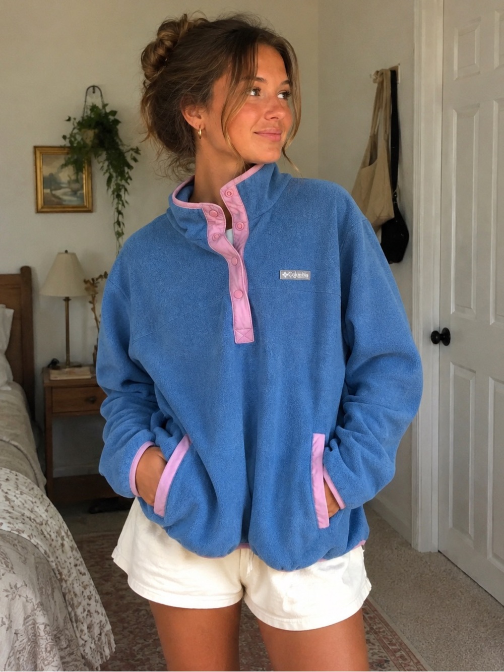 Vintage-style Columbia Sportswear fleece half-snap pullover jacket cornflower